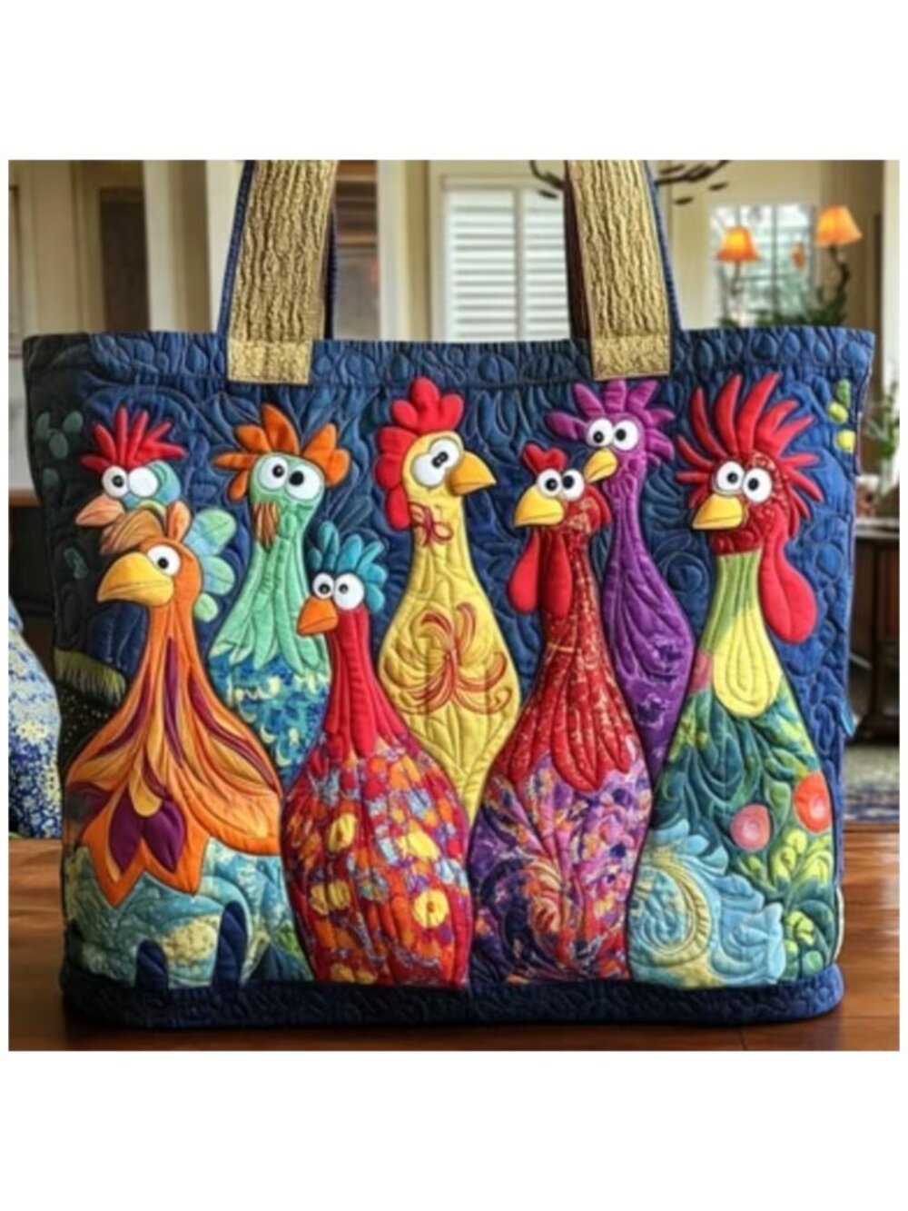 NNWT Colorful Quilted Chicken Tote Bag Whimsical Hen Printed Pattern Handbag - Picture 3 of 5